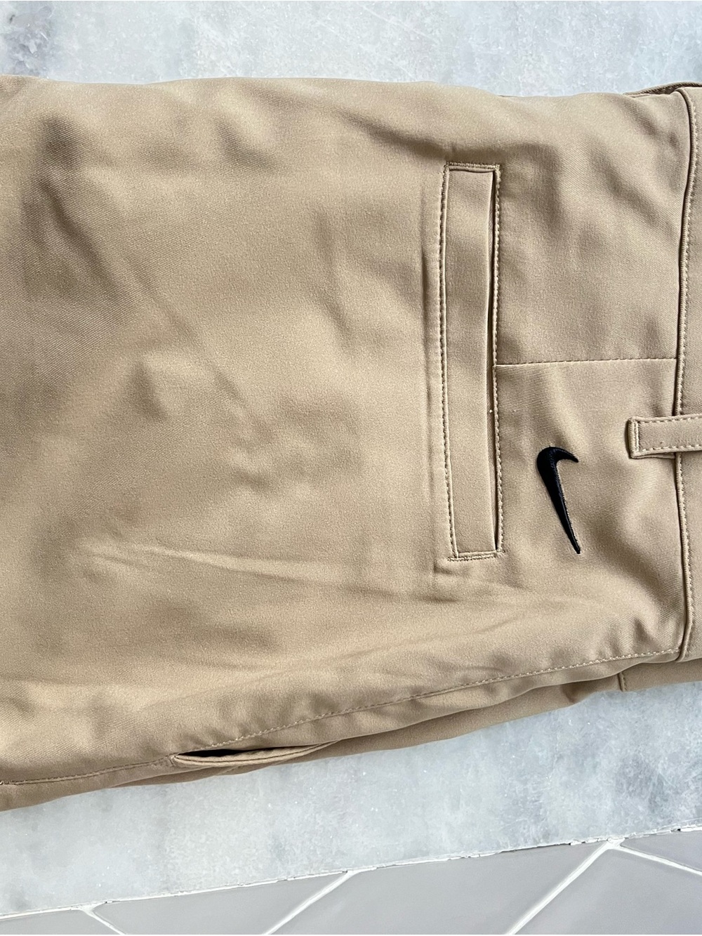 Nike Men's Tan Chino Golf Pants with Black Swoosh